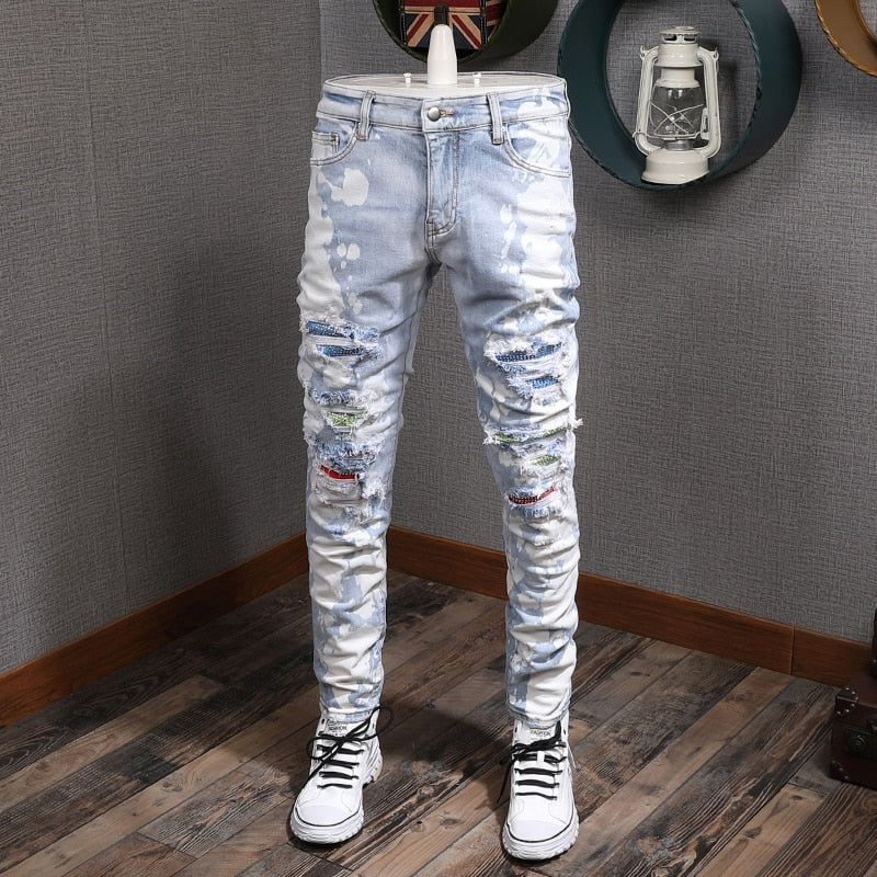 Jeans ajustados desgastados de patchwork para hombre