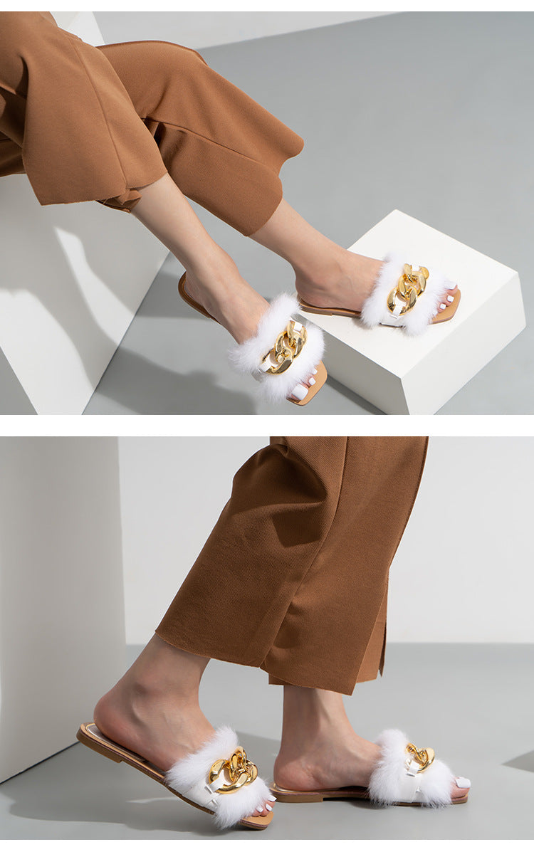 Women's Chain Detail Plush Furry Slippers