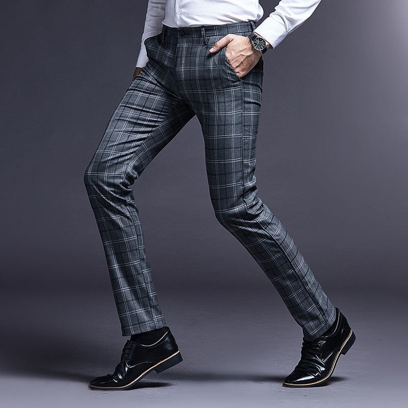 LARA Pantalones de traje formales a cuadros ajustados para hombre