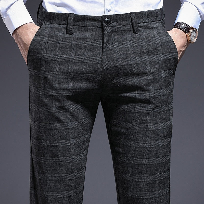 ICPAN Pantalon de costume formel à carreaux pour homme 