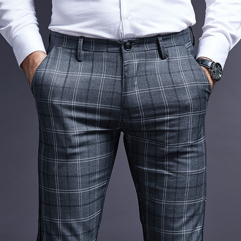 LARA Pantalones de traje formales a cuadros ajustados para hombre