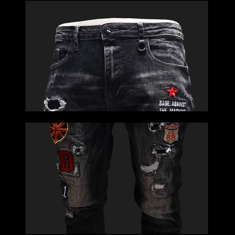 Jeans ajustados casuales desgastados bordados para hombre