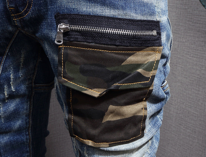 Men's Fashion Distressed Jeans W/ Camo Pocket