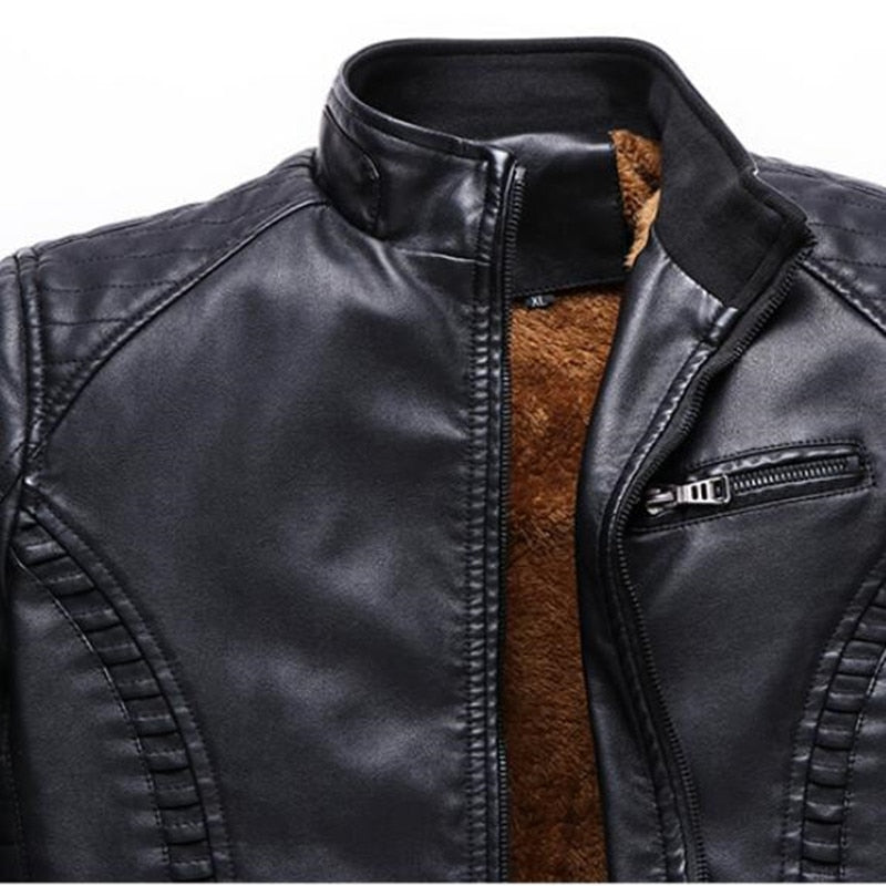 Men's Winter Fleece PU Leather Stand Collar Jacket