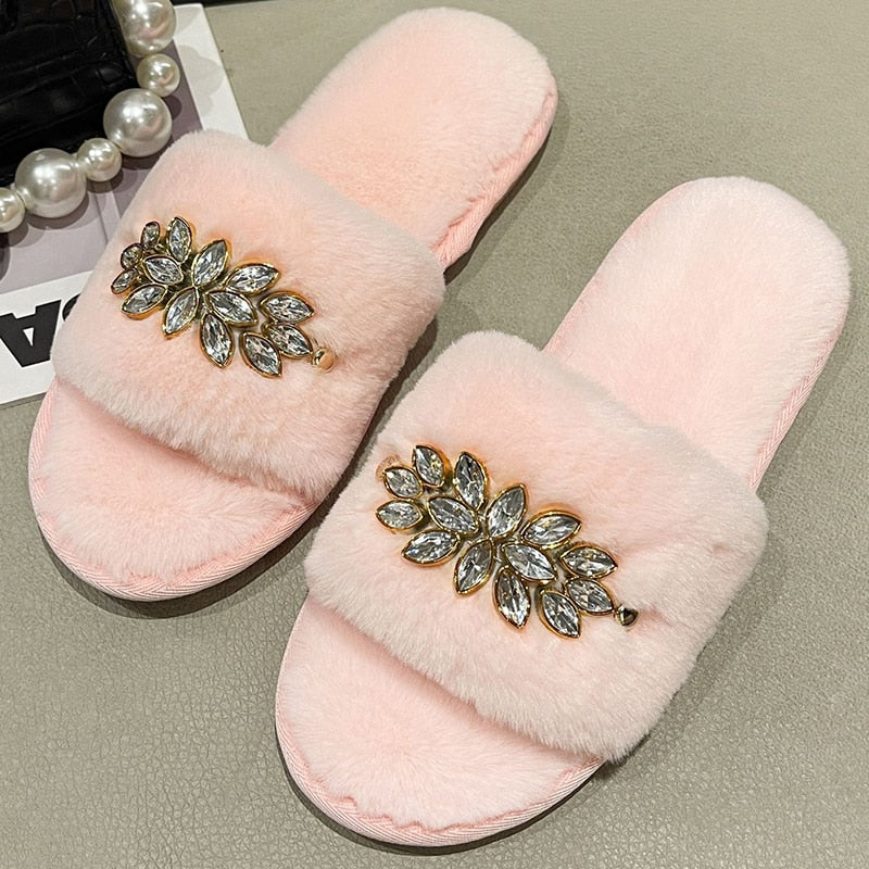 Women's Furry Slippers W/ Crystal Flower Detail