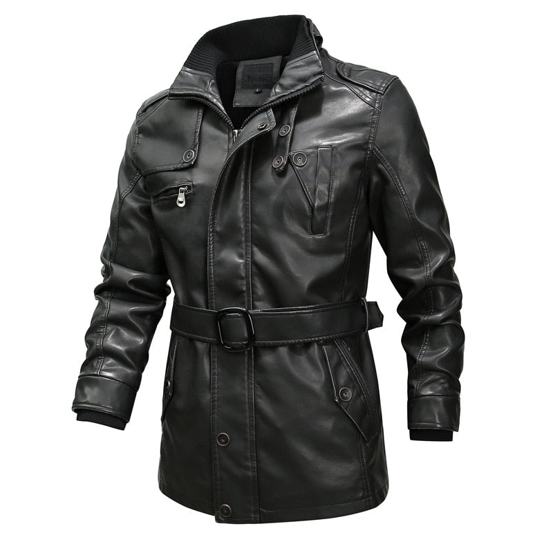 Men's Motorcycle Windproof Long Faux Leather Jacket