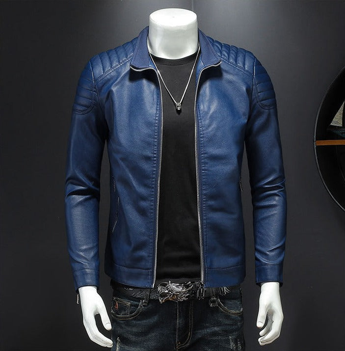 BOUS Men's Stand Collar Pleated PU Leather Jacket