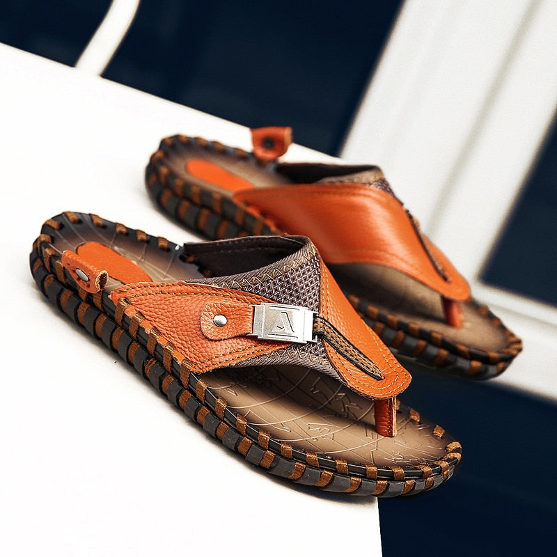 YRZL Men's Summer Genuine Leather Slipper Sandals