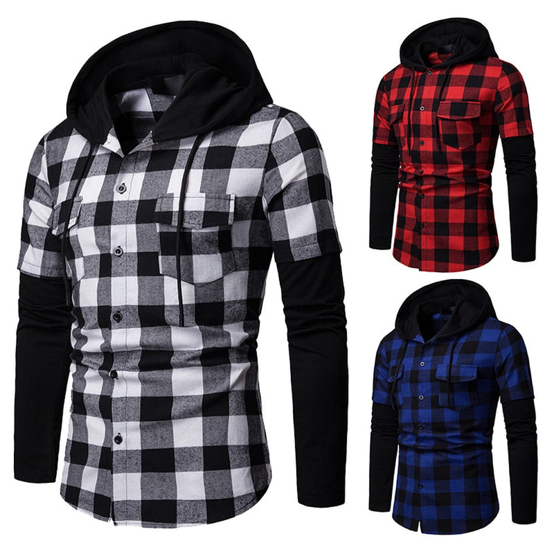 VAC Men's Casual Slim Fit Flannel Hooded Shirt