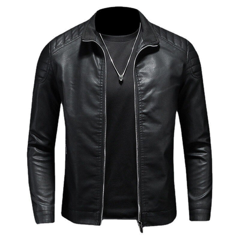 BOUS Men's Stand Collar Pleated PU Leather Jacket