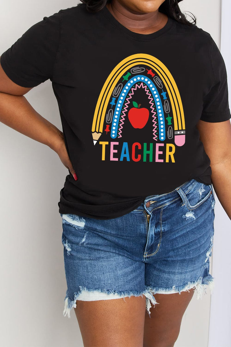 Camiseta de algodón con gráfico de arco iris TEACHER de tamaño completo de Simply Love