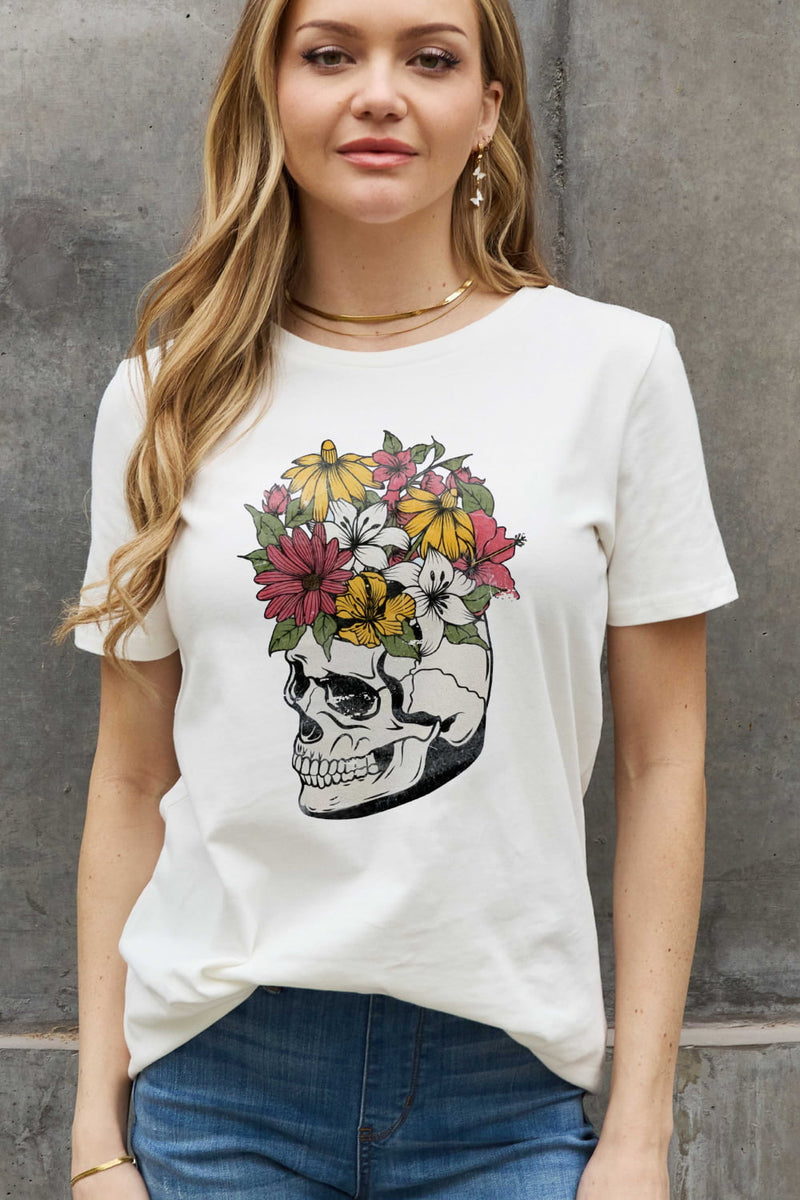 Camiseta de algodón con estampado de calavera de tamaño completo de Simply Love