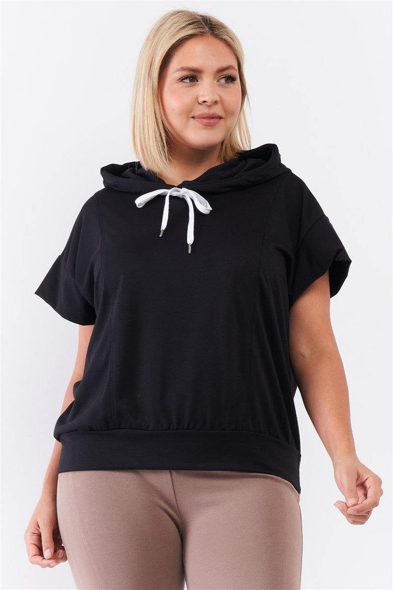 Black Short Wing Sleeve Relaxed Fit White Draw String Tie Hood Detail Top - AM APPAREL