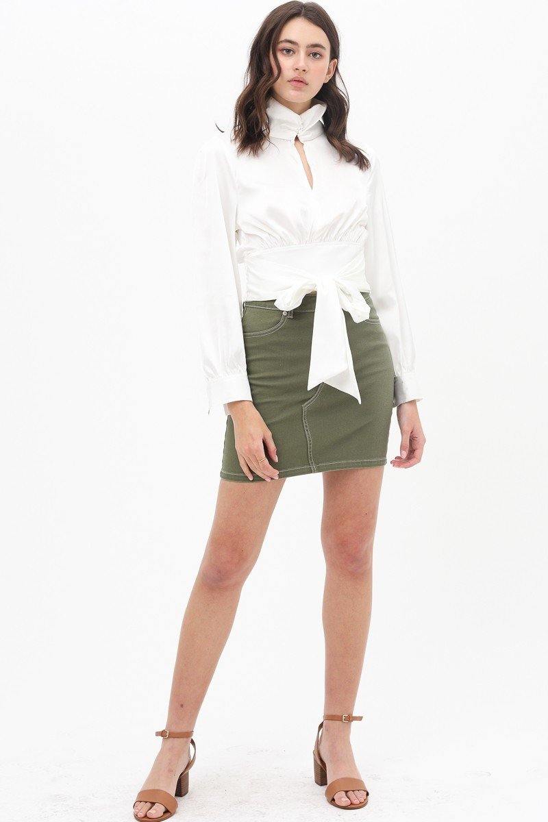 Blouse Shirt With Front Waist Tie - AM APPAREL