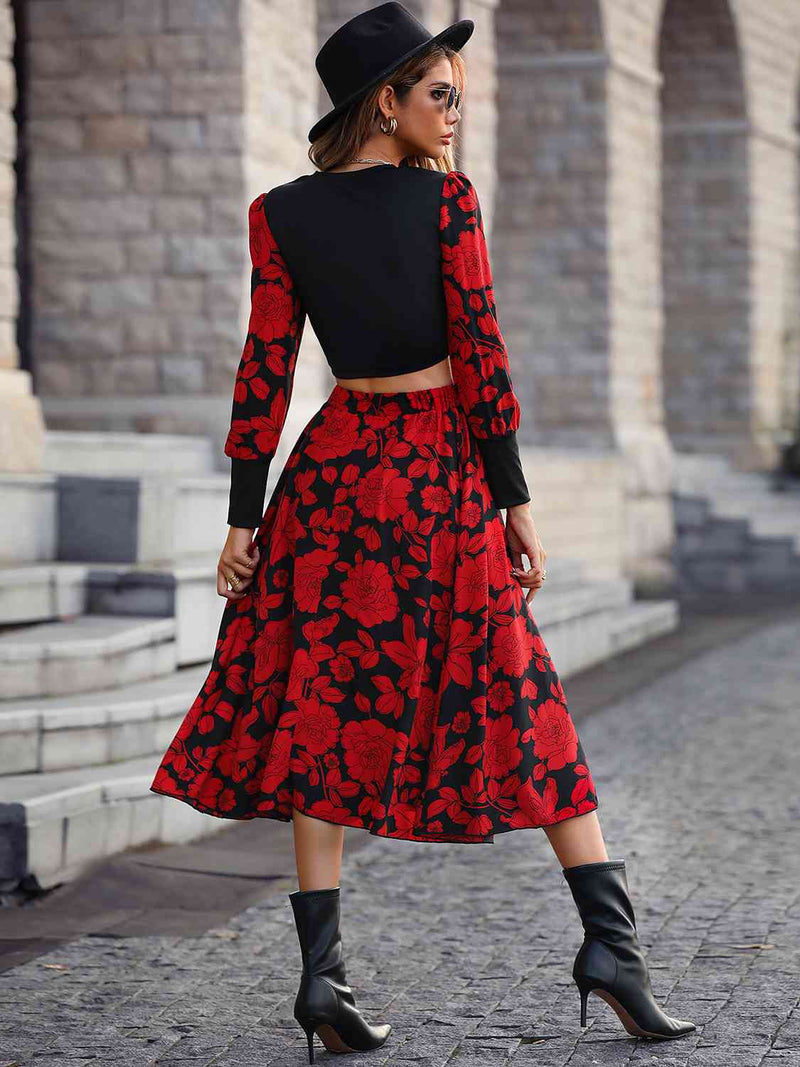 Conjunto de falda y top con estampado floral y manga farol con cuello redondo
