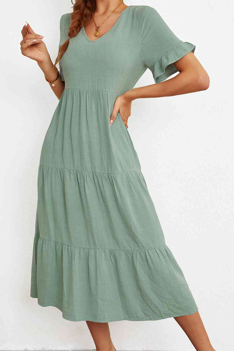 Short Sleeve V-Neck Tiered  Dress