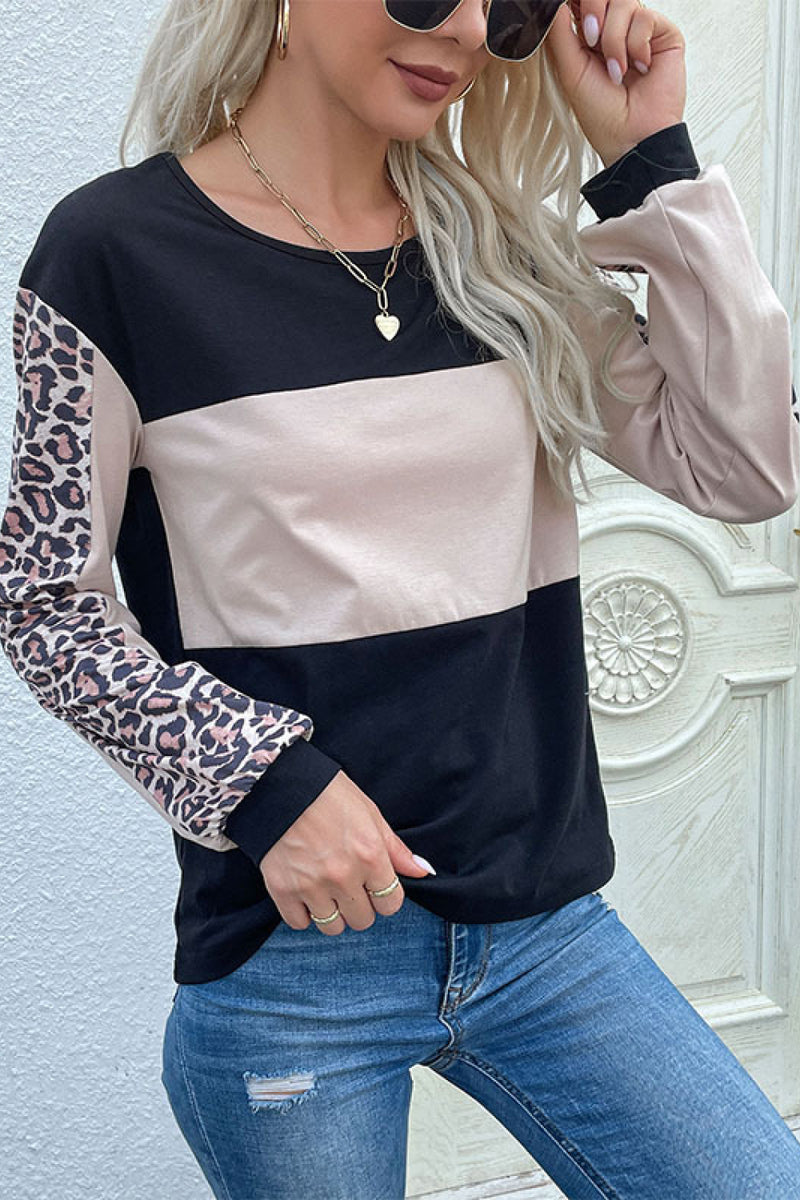 Sweat-shirt à manches longues et blocs de couleur léopard