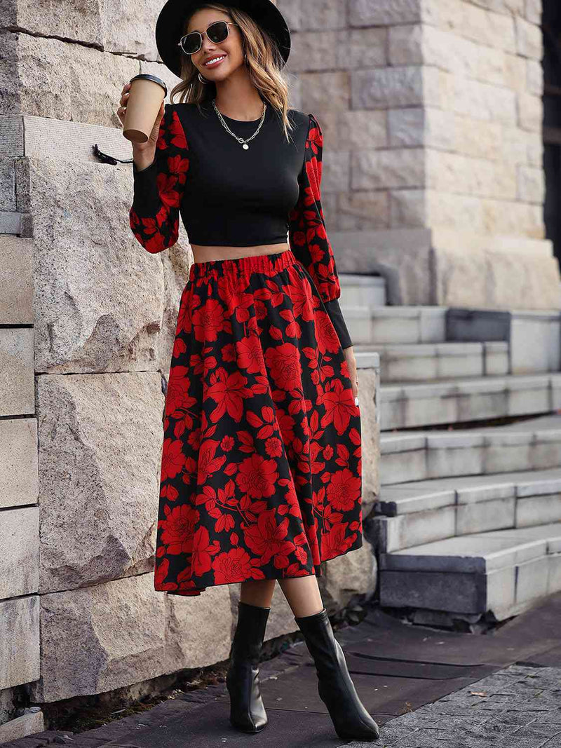 Conjunto de falda y top con estampado floral y manga farol con cuello redondo