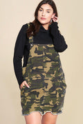 Camouflage Printed Overall Mini Dress Featuring Pockets And Frayed Hem - AM APPAREL