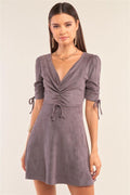 Charcoal Grey Suede Deep Plunge V-neck Gathered Detail Tight Fit Mini Dress - AM APPAREL