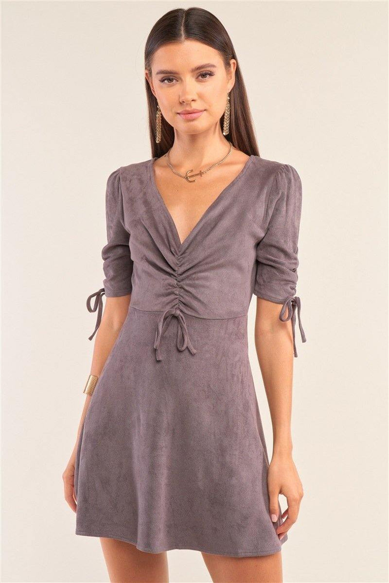 Charcoal Grey Suede Deep Plunge V-neck Gathered Detail Tight Fit Mini Dress - AM APPAREL