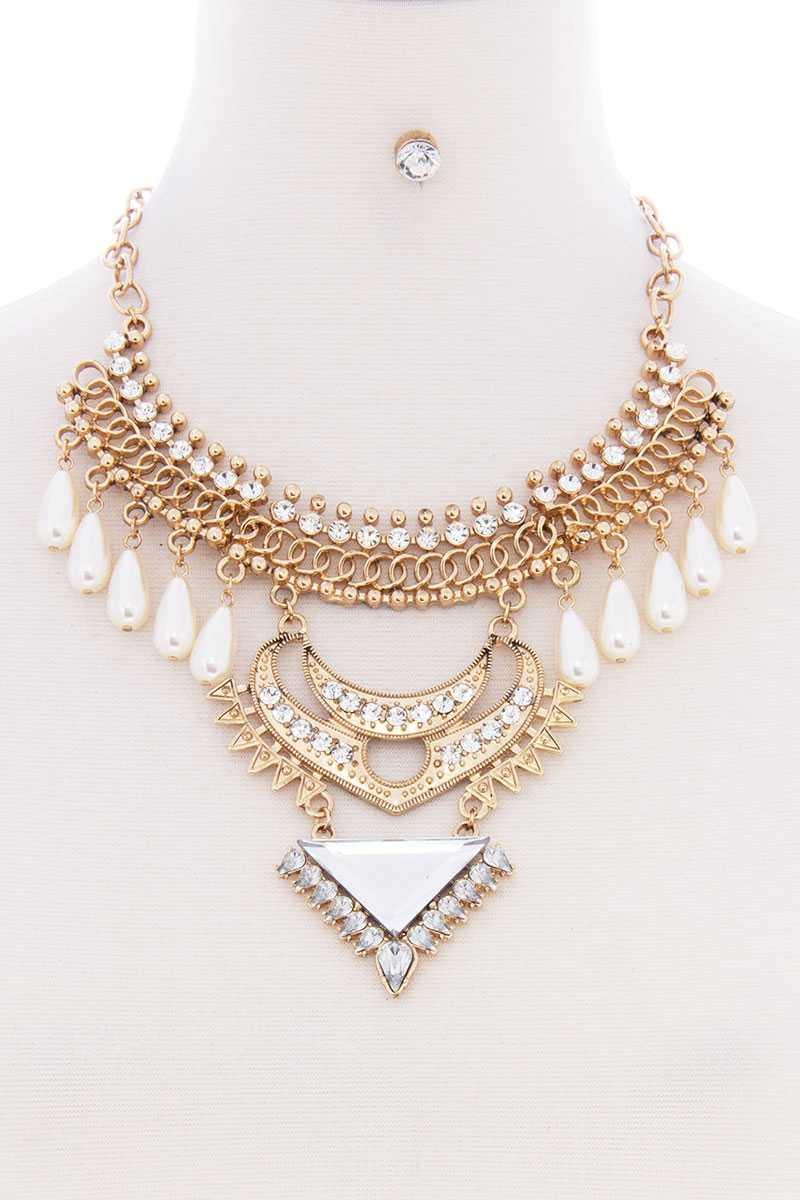 Chunky Pearl Antique Stone Boho Bohemian Statement Necklace Earring Set - AM APPAREL