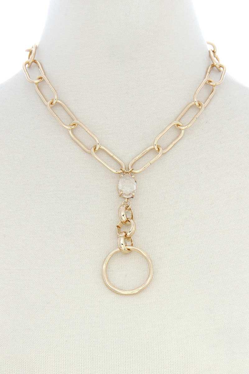Circle Pendant Oval Link Y Shape Metal Necklace - AM APPAREL