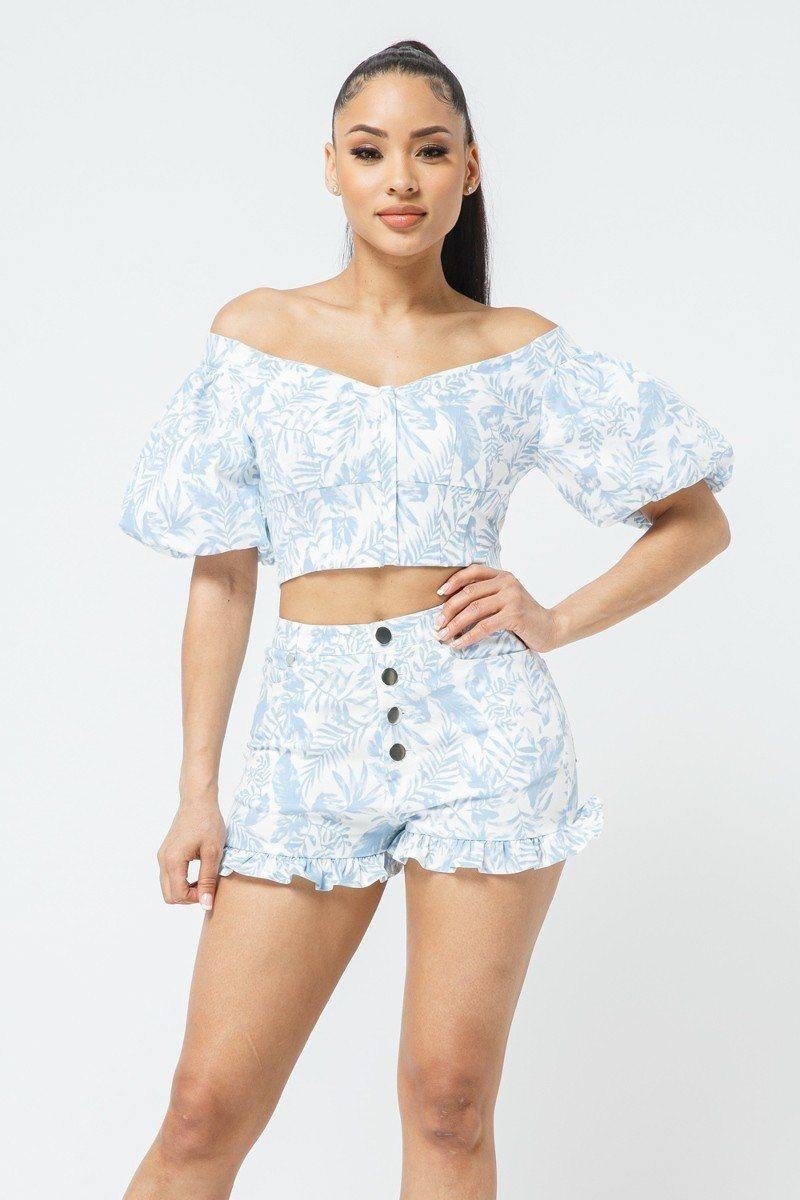 Cotton Off-shoulder Puff Sleeve Crop Top With Front Zipped Matching Shorts Set - AM APPAREL
