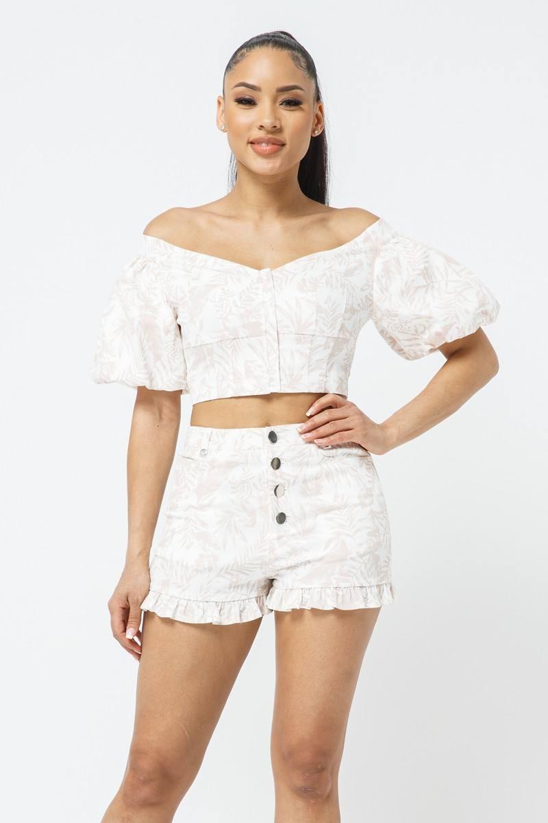 Cotton Off-shoulder Puff Sleeve Crop Top With Matching Shorts Set - AM APPAREL