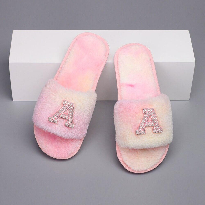 Customizable Women's Pearl Letter Decor Furry Slippers - AM APPAREL