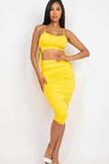 Cut-out Tie Side Crop Top & Ruched Midi Skirt Set - AM APPAREL