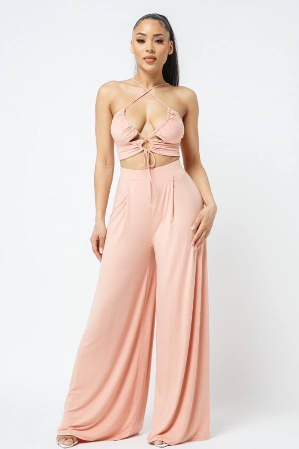 Cut Out With Key Hole Spaghetti Strap Top With Wide Pants Set - AM APPAREL