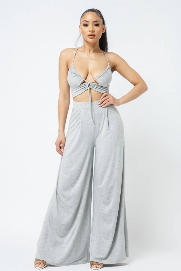 Cut Out With Key Hole Spaghetti Strap Top With Wide Pants Set - AM APPAREL