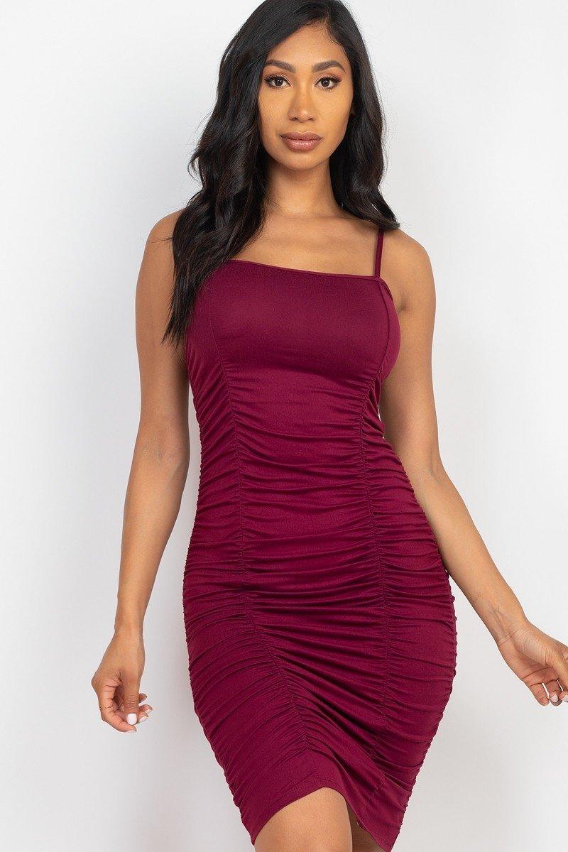 Double Ruched Front And Ruched Back Detail Mini Dress - AM APPAREL