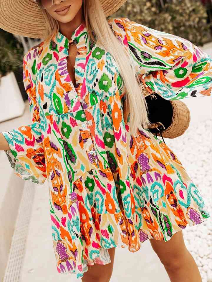 Printed Buttoned Long Sleeve Dress