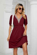 Contrast V-Neck Puff Sleeve Pocket Dress