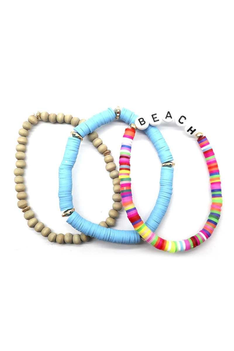 Fashion Wood Rubber Disc Bead Beach Letter Stretch Multi Bracelet - AM APPAREL