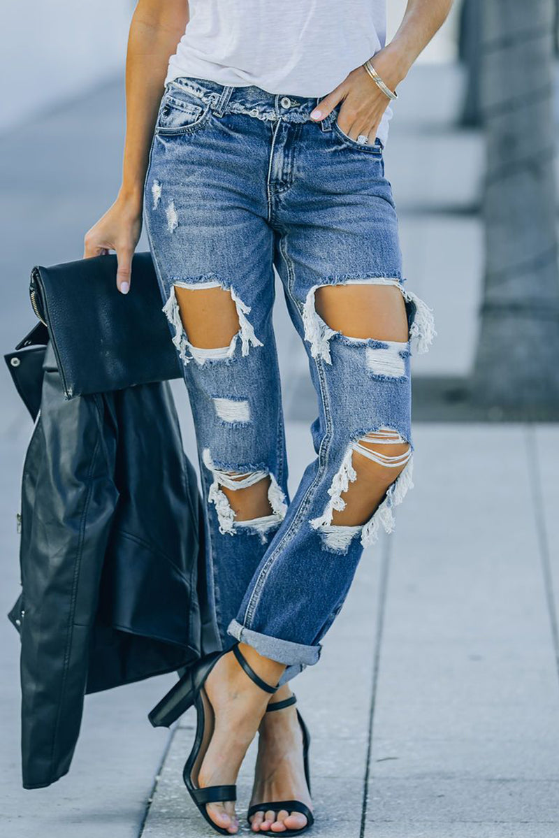Jeans de pernera recta con ribete deshilachado desgastado