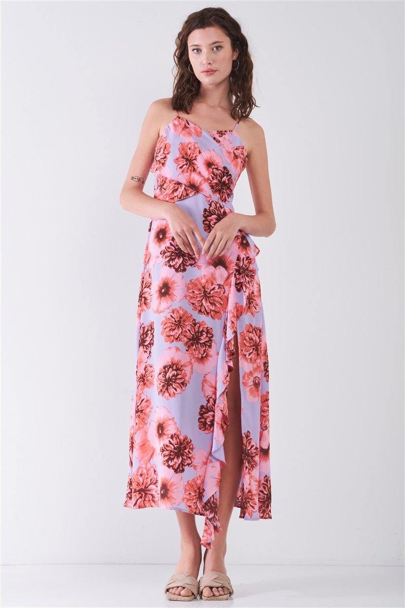 Floral Print Sleeveless Self-tie Wide Wrap Front Ruffle Hem Side Slit Detail Midi Dress - AM APPAREL