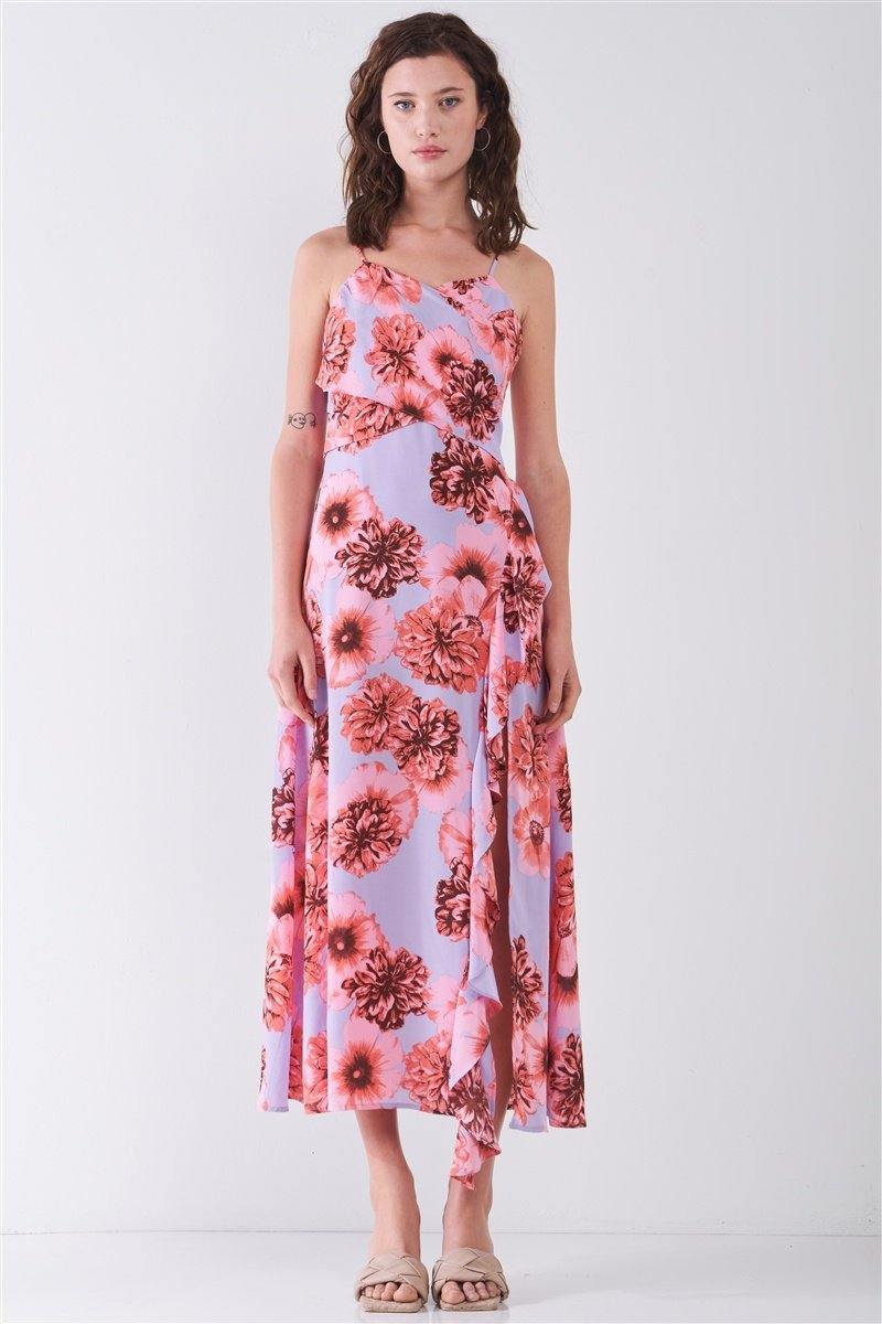 Floral Print Sleeveless Self-tie Wide Wrap Front Ruffle Hem Side Slit Detail Midi Dress - AM APPAREL