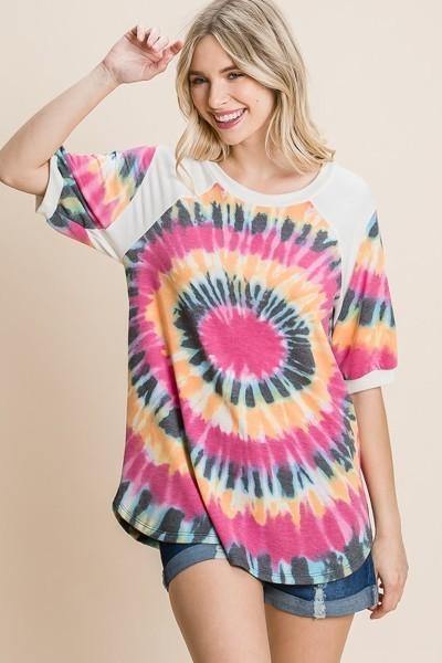 French Terry Tie Dye Printed Casual Mini Bubble Sleeves Tunic Top - AM APPAREL