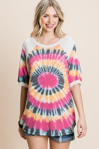 French Terry Tie Dye Printed Casual Mini Bubble Sleeves Tunic Top - AM APPAREL