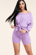 French Terry Tie Front Off The Shoulder Top And Shorts Two Piece Set - AM APPAREL