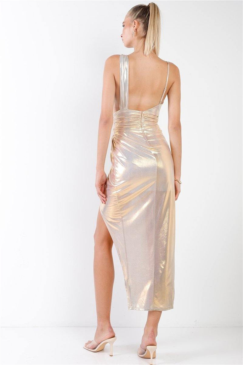 Gold Iridescent V-neck Wrap Gathered Deep Side Slit Different Straps Maxi Dress - AM APPAREL