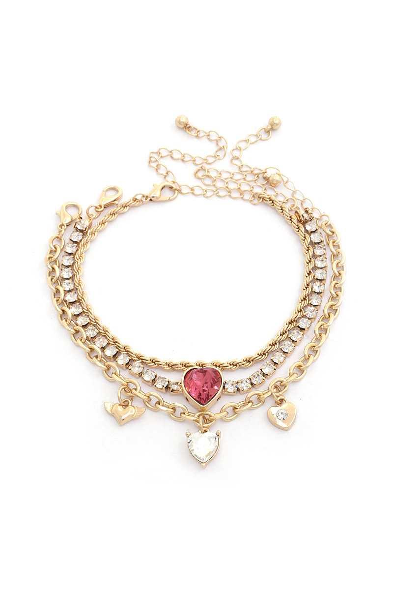 Heart Charm Rhinestone Assorted Bracelet Set - AM APPAREL