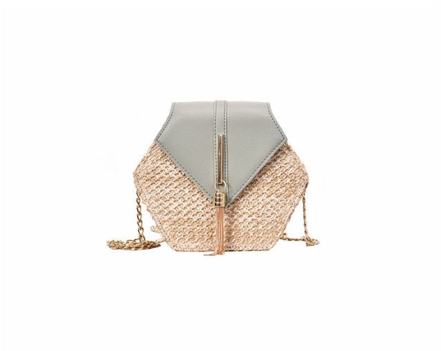 Hexagon Style Straw+Leather Handbag - AM APPAREL