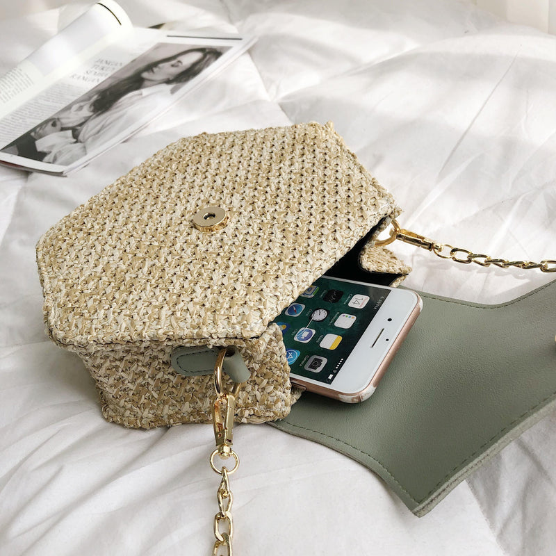 Hexagon Style Straw+Leather Handbag - AM APPAREL