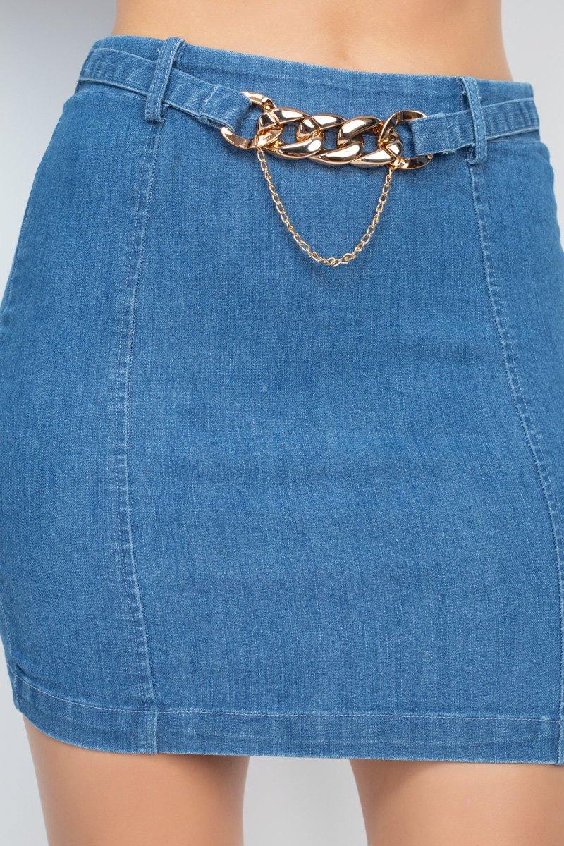 High-rise Belted Chain Denim Skirt - AM APPAREL