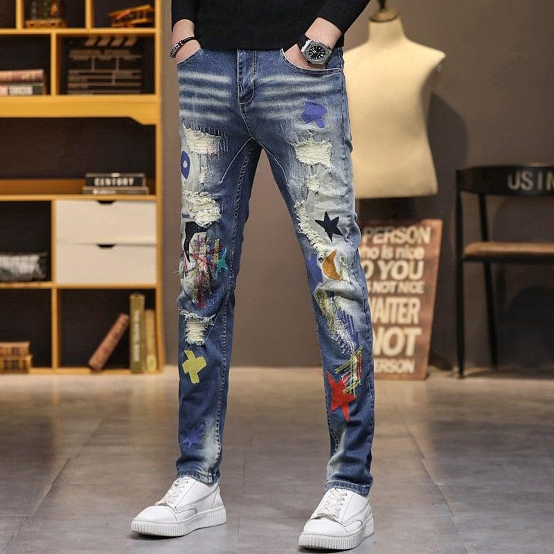 JJD Men’s Distressed Embroidery Jeans - AM APPAREL