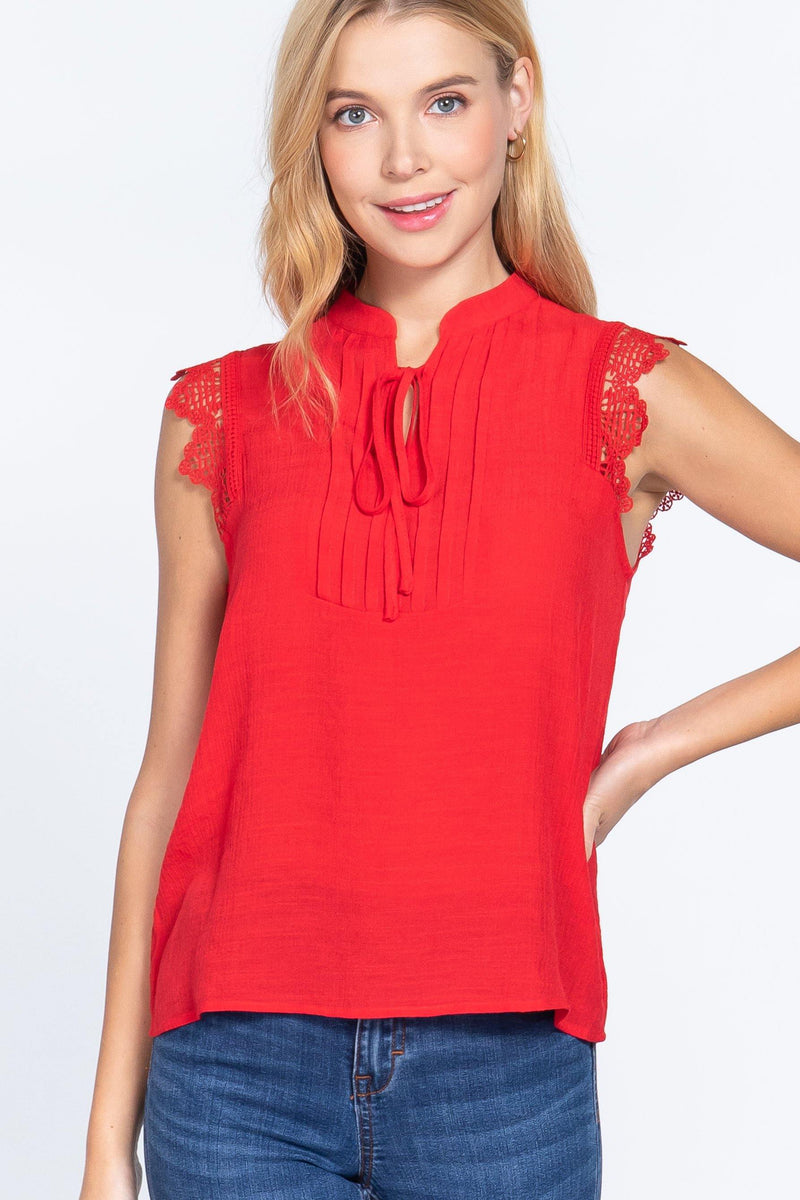 Lace Slv China Colllar Woven Top - AM APPAREL